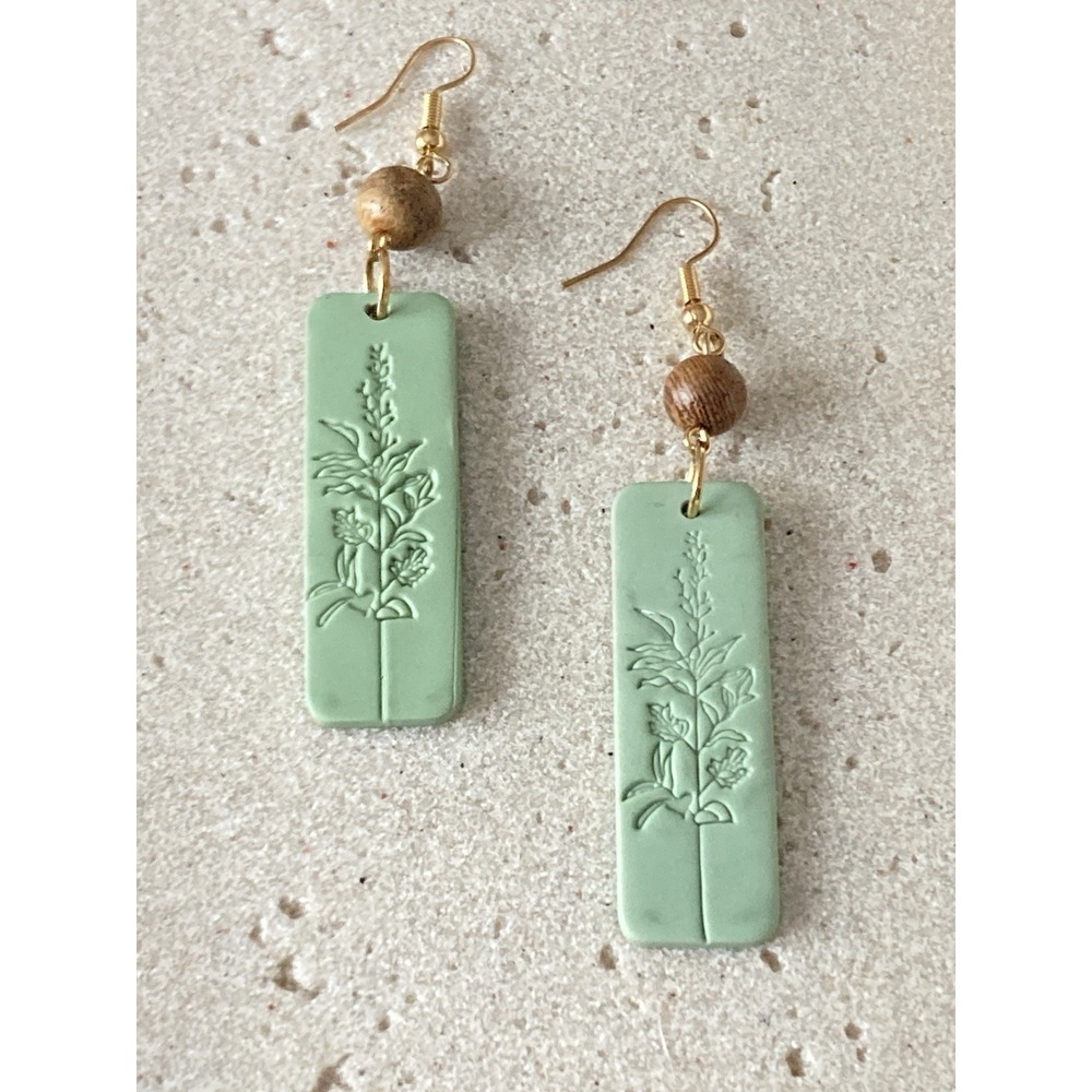Mint Green Botanical Drop Earrings Wood Bead Gold Tone Floral Dangle Earthy